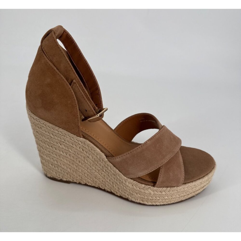 Lisa Vicky Wedge Sandals Cognac Suede 9.5 Cross-Strap Espadrille Heel - Picture 5 of 10
